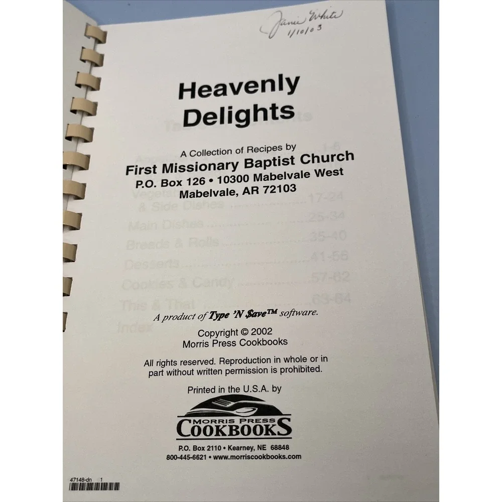 Vintage 2002 Heavenly Delights Cookbook First Missionary Baptist Church Mabelval